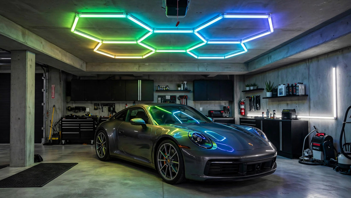 RGB hexagon frame on garage ceiling