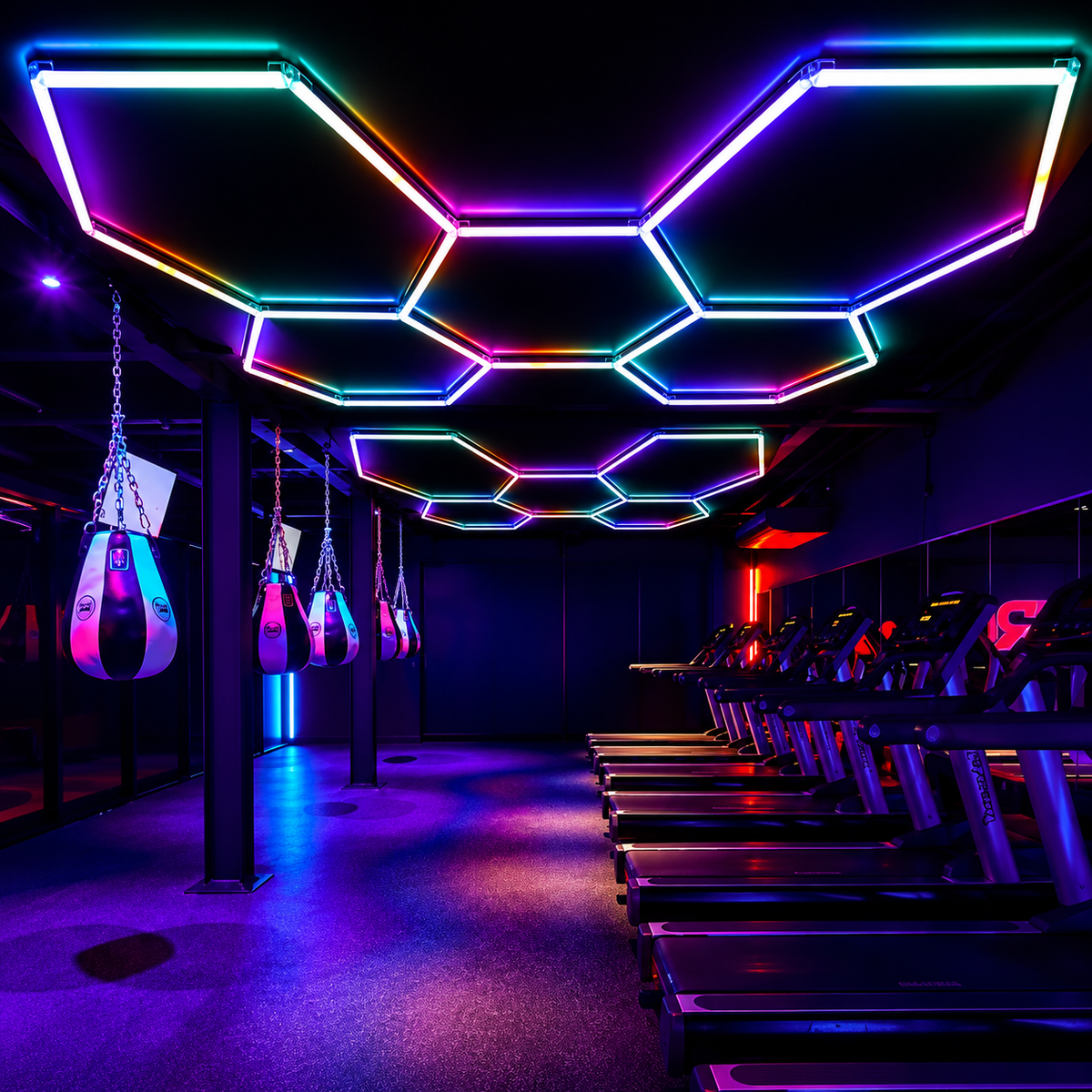RGB hexagon frame in gym (AI-generated lifestyle)