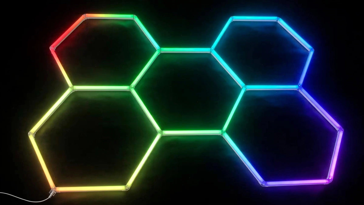 5-grid RGB hexagon frame glowing in studio