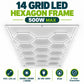 14 Grid LED Hexagon Frame infographic – 500W max, 478 x 241 cm, 6500K 4000K 3000K, AC 165-265V, IP20, 2-year guarantee