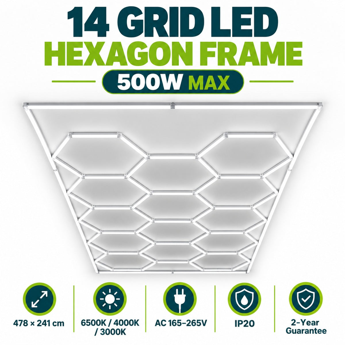 14 Grid LED Hexagon Frame infographic – 500W max, 478 x 241 cm, 6500K 4000K 3000K, AC 165-265V, IP20, 2-year guarantee