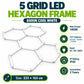 5 Grid LED Hexagon Frame infographic – 6500K cool white, max power 140W, CCT options 6500K 4000K 3000K, input AC 165-265V, IP20, 2-year guarantee, size 233 x 163 cm