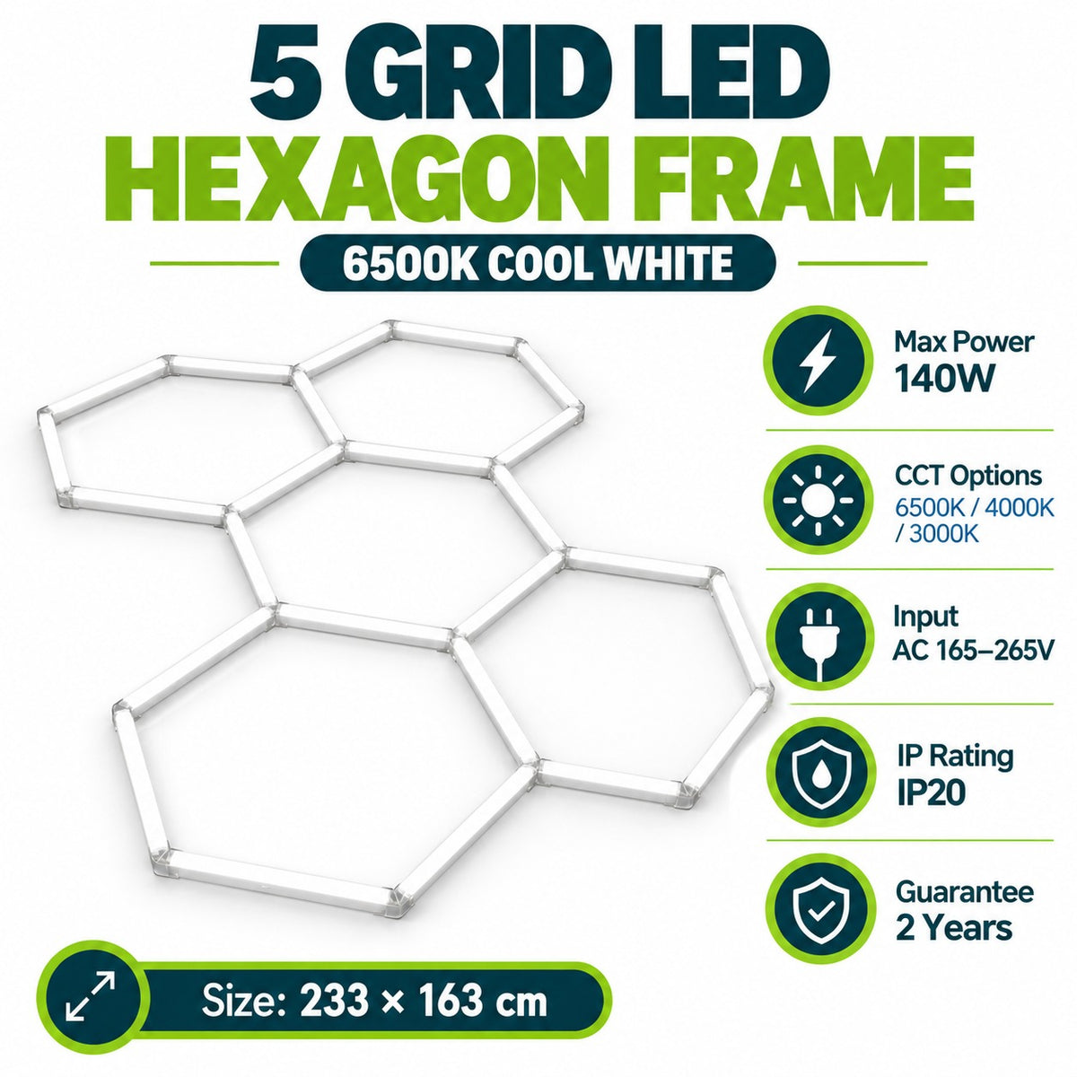 5 Grid LED Hexagon Frame infographic – 6500K cool white, max power 140W, CCT options 6500K 4000K 3000K, input AC 165-265V, IP20, 2-year guarantee, size 233 x 163 cm