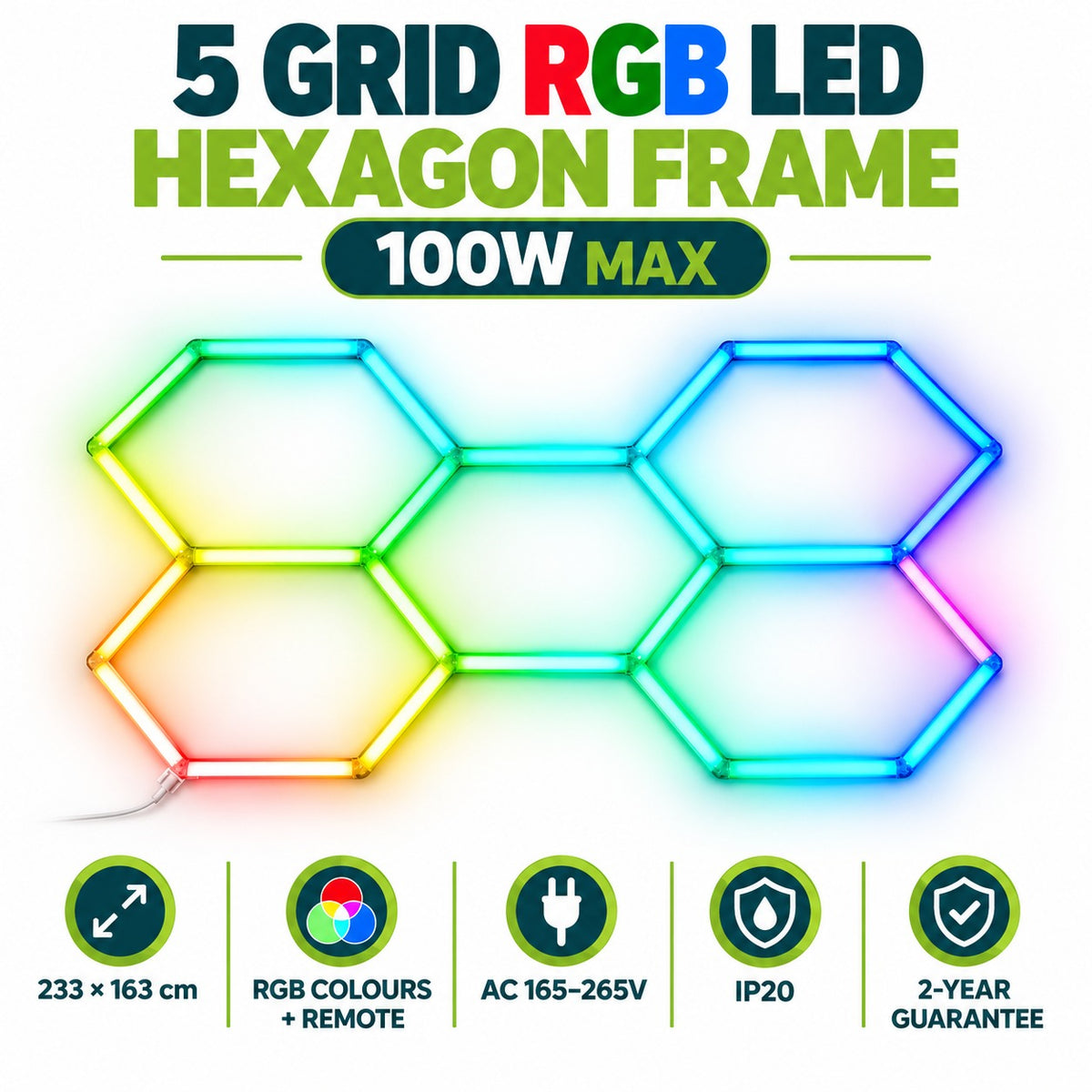 5 Grid RGB LED Hexagon Frame infographic – 100W max, 233 x 163 cm, RGB colours with remote, AC 165-265V, IP20, 2-year guarantee