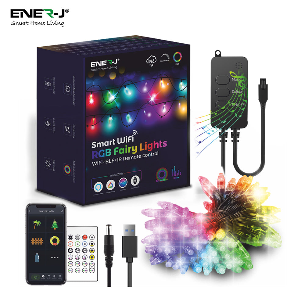 Ener-J RGB Fairy Lights 5 Meter Cable, 50 LED'S, WiFi+BLE+IR with Remote Control, UK 3 Pin & USB Port