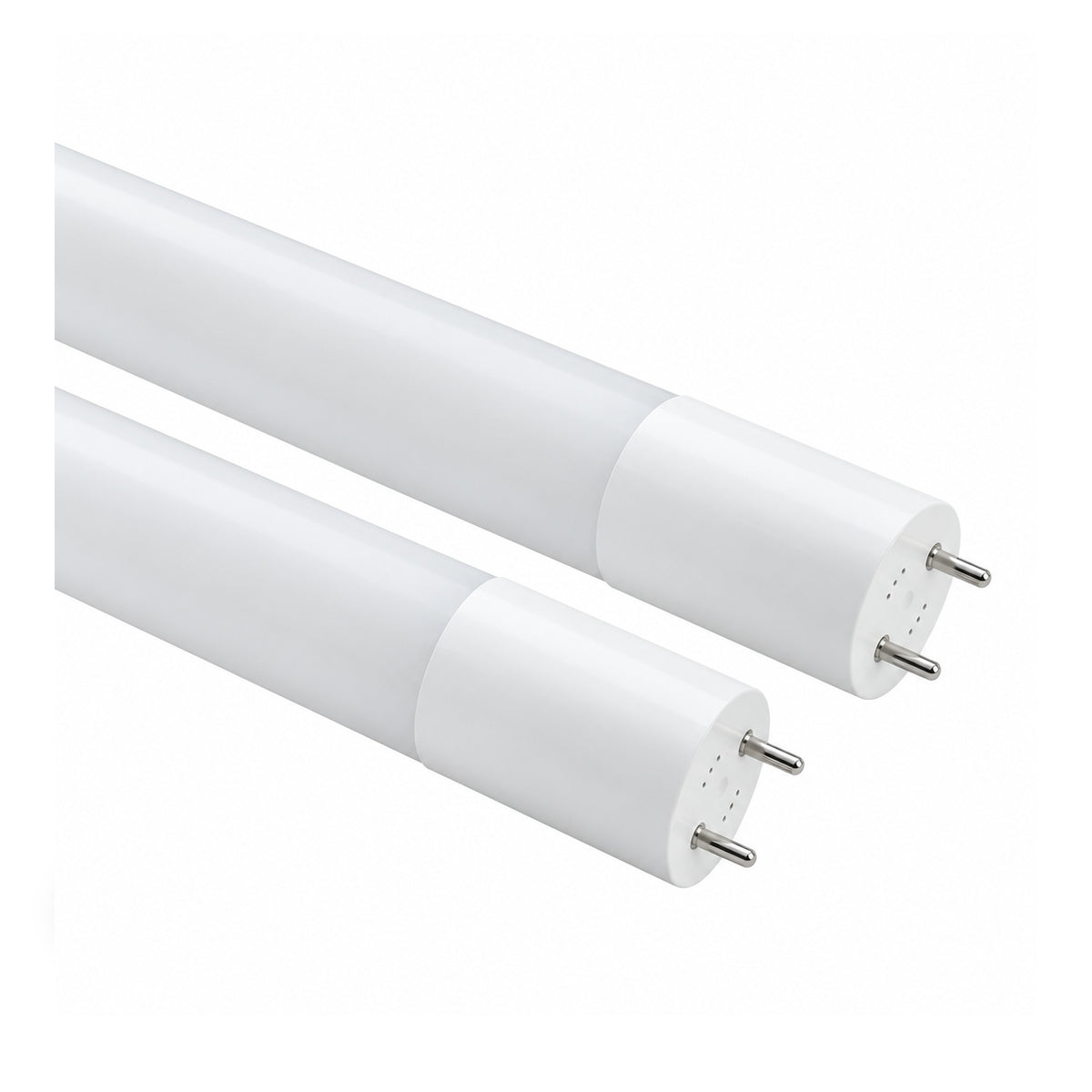 LED T8 tubelight, two white tubes with G13 pins, on white background