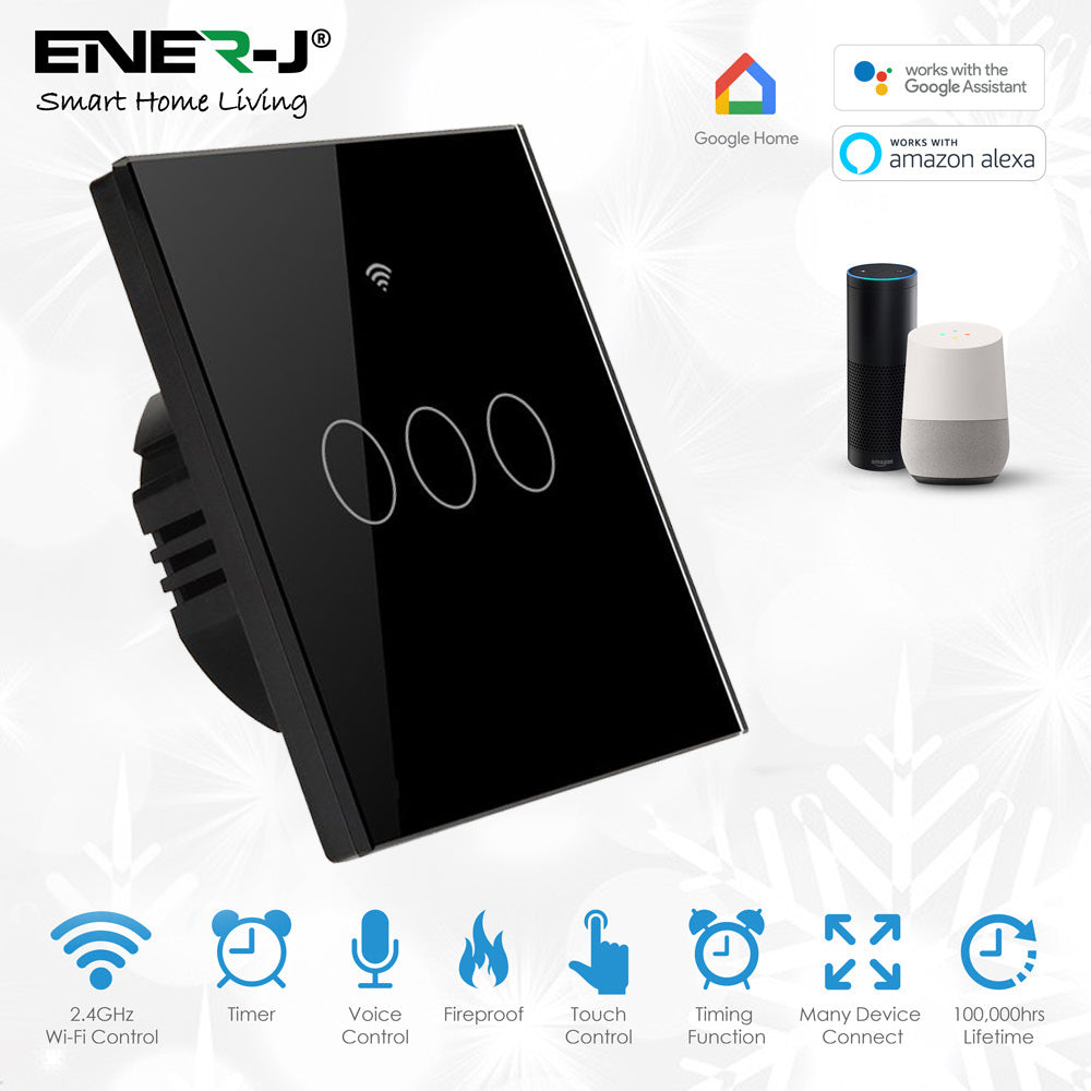 Ener-J WiFi Smart 3 Gang Touch Switch, Black (No Neutral Required)