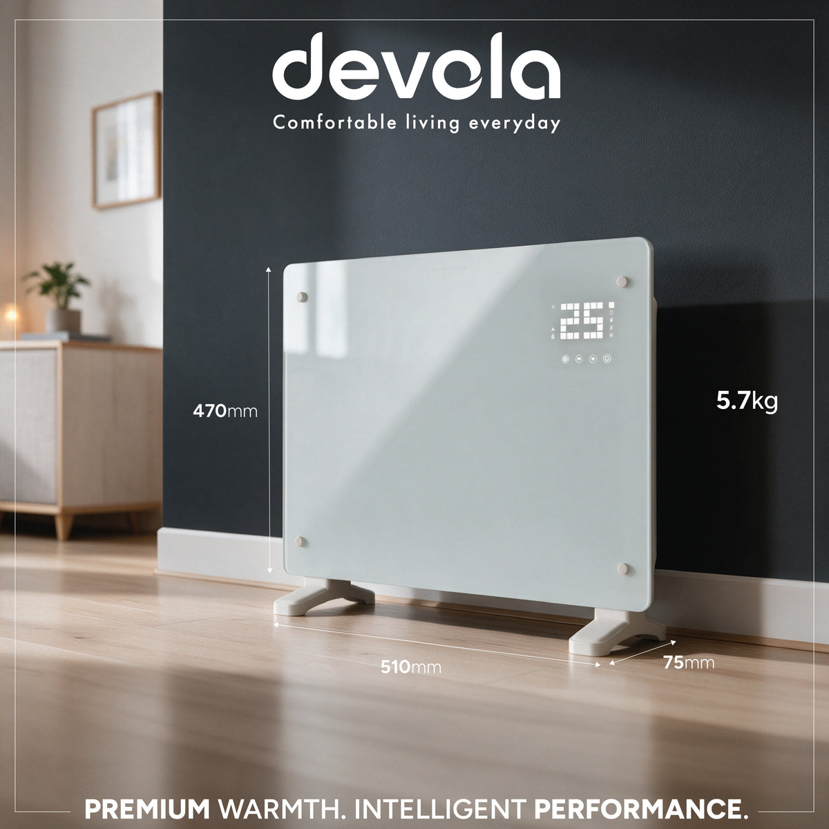 Devola DVPW500WH dimensions - 510mm wide, 470mm high, 75mm deep, 5.7kg