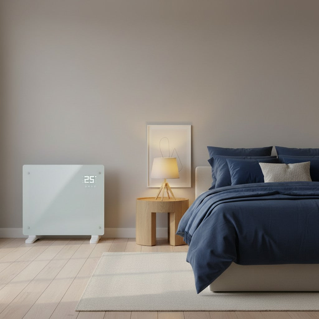 Devola DVPW500WH glass panel heater free standing in a bedroom