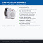 Daewoo 2000W fan heater features - 2 heat settings, thermostat, flat or upright, safety cut-out, carry handle