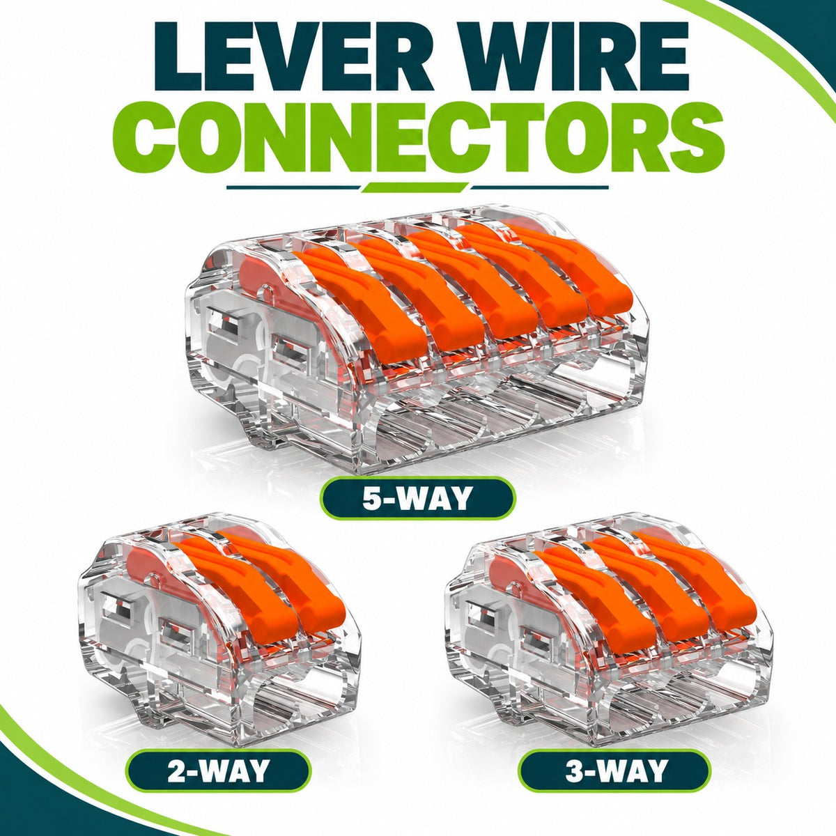 Lever Wire Connectors family – 5-Way, 2-Way and 3-Way clear and orange lever connectors