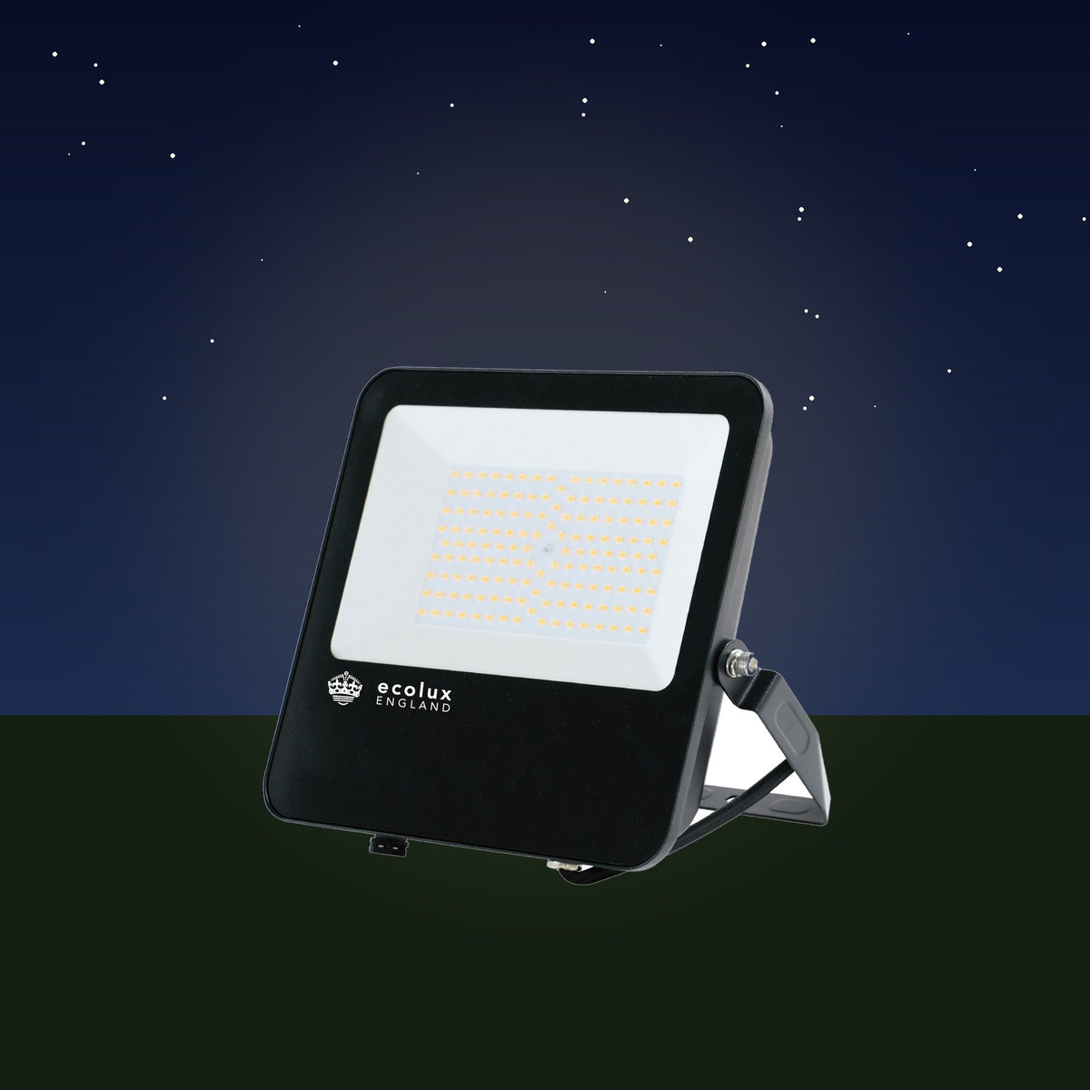 LED Dual Voltage Floodlight in a garden at night – lifestyle image, product unchanged