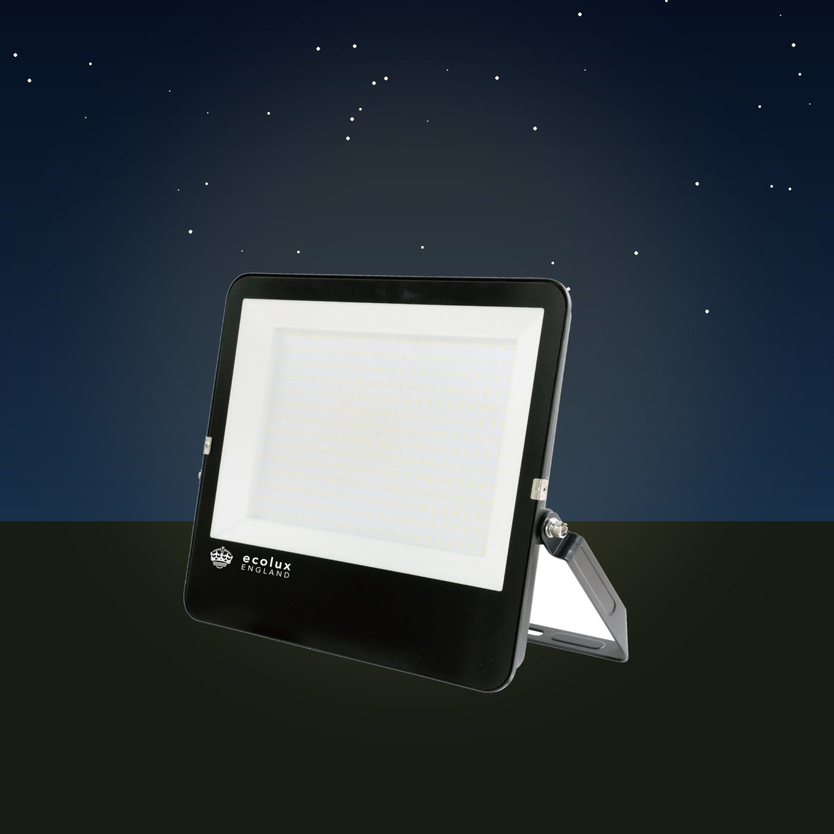 LED Dual Voltage Floodlight on a patio in the evening – lifestyle image, product unchanged
