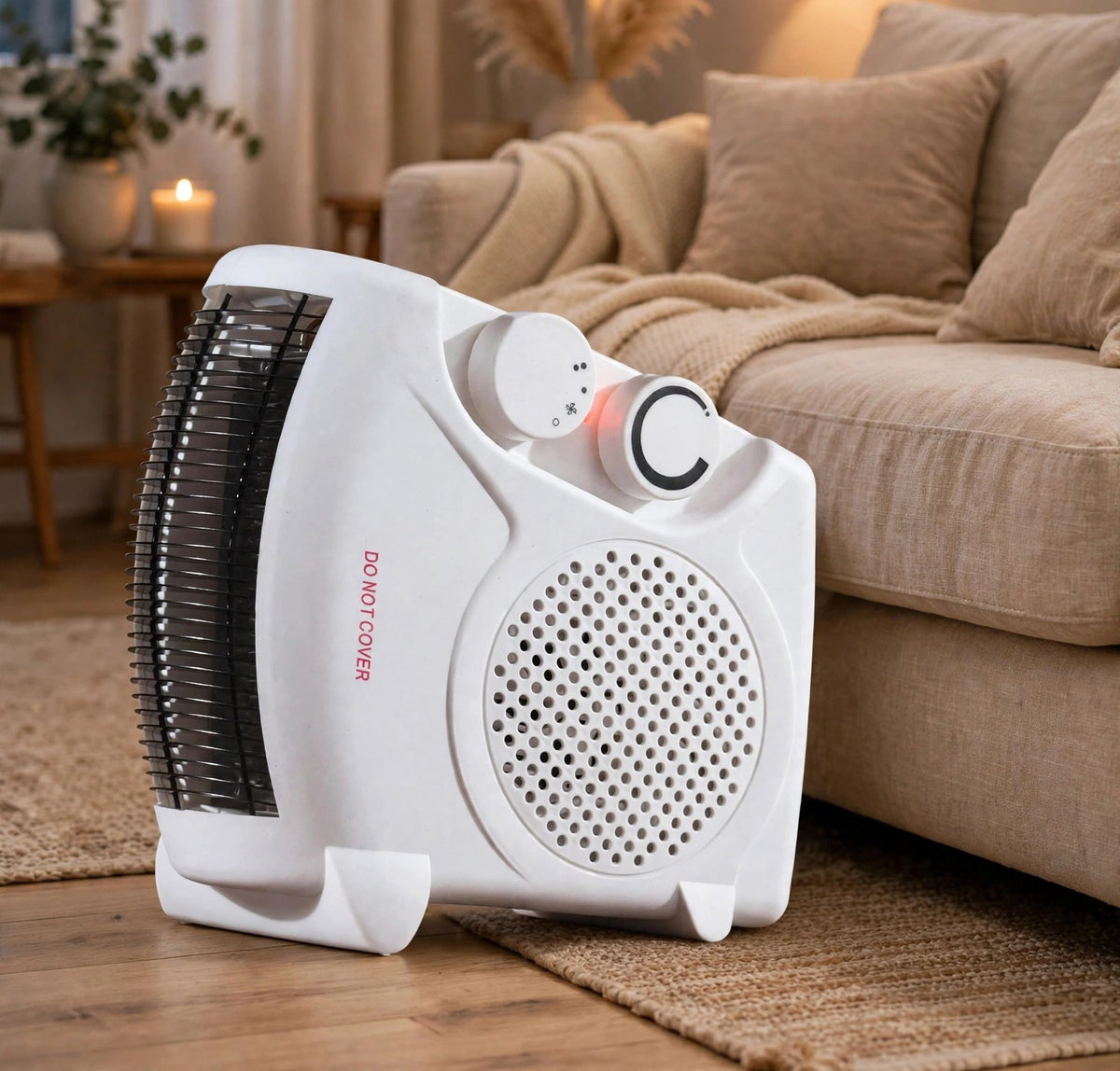 Daewoo HEA1927 fan heater in use beside a sofa in a living room