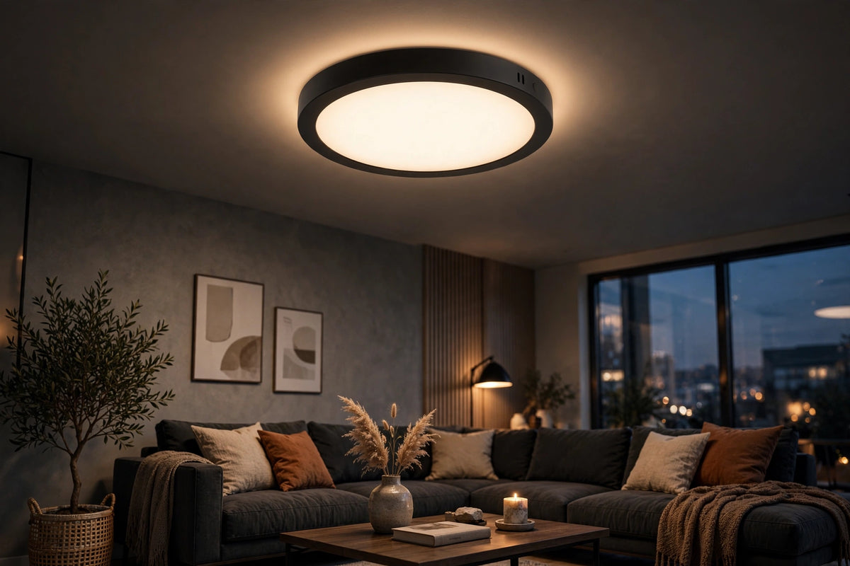Black round LED panel light installed on a modern living room ceiling