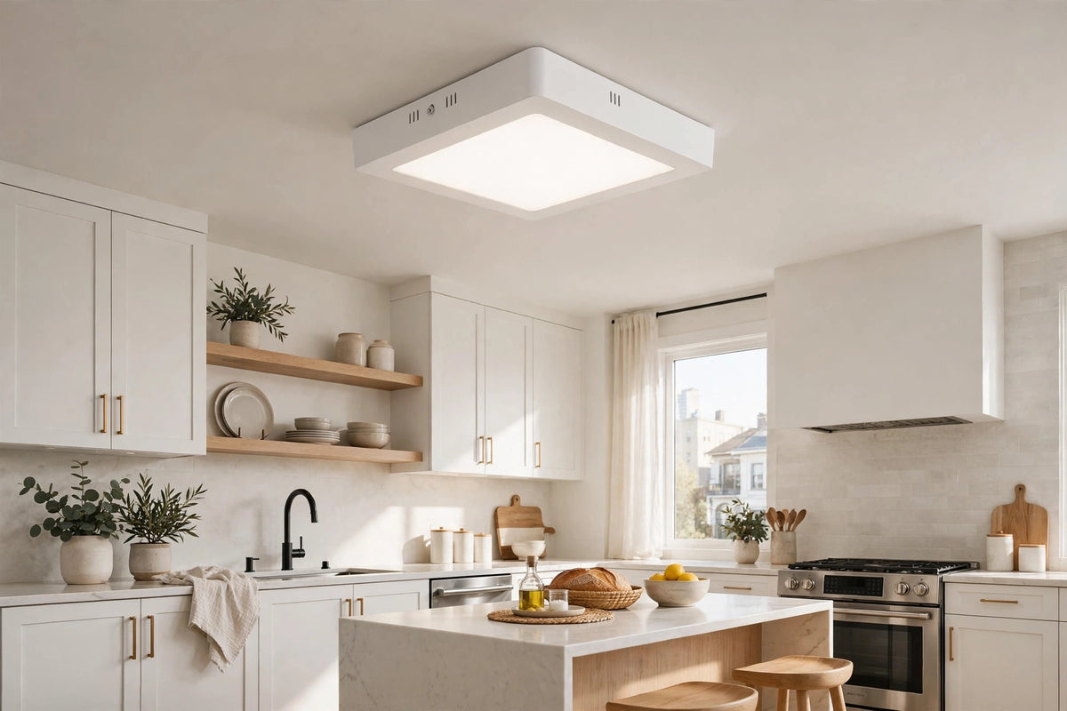 Square LED panel light installed on a modern kitchen ceiling