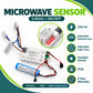 Microwave Sensor 5.8GHz ON/OFF infographic – 230V AC, adjustable detection area, adjustable hold time, daylight sensor, IP20, 5-year warranty, 3.2V battery