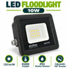 LED Floodlight 10W infographic – 120 lm per W, 6500K daylight, IP65 weather resistant, adjustable 180 degree bracket