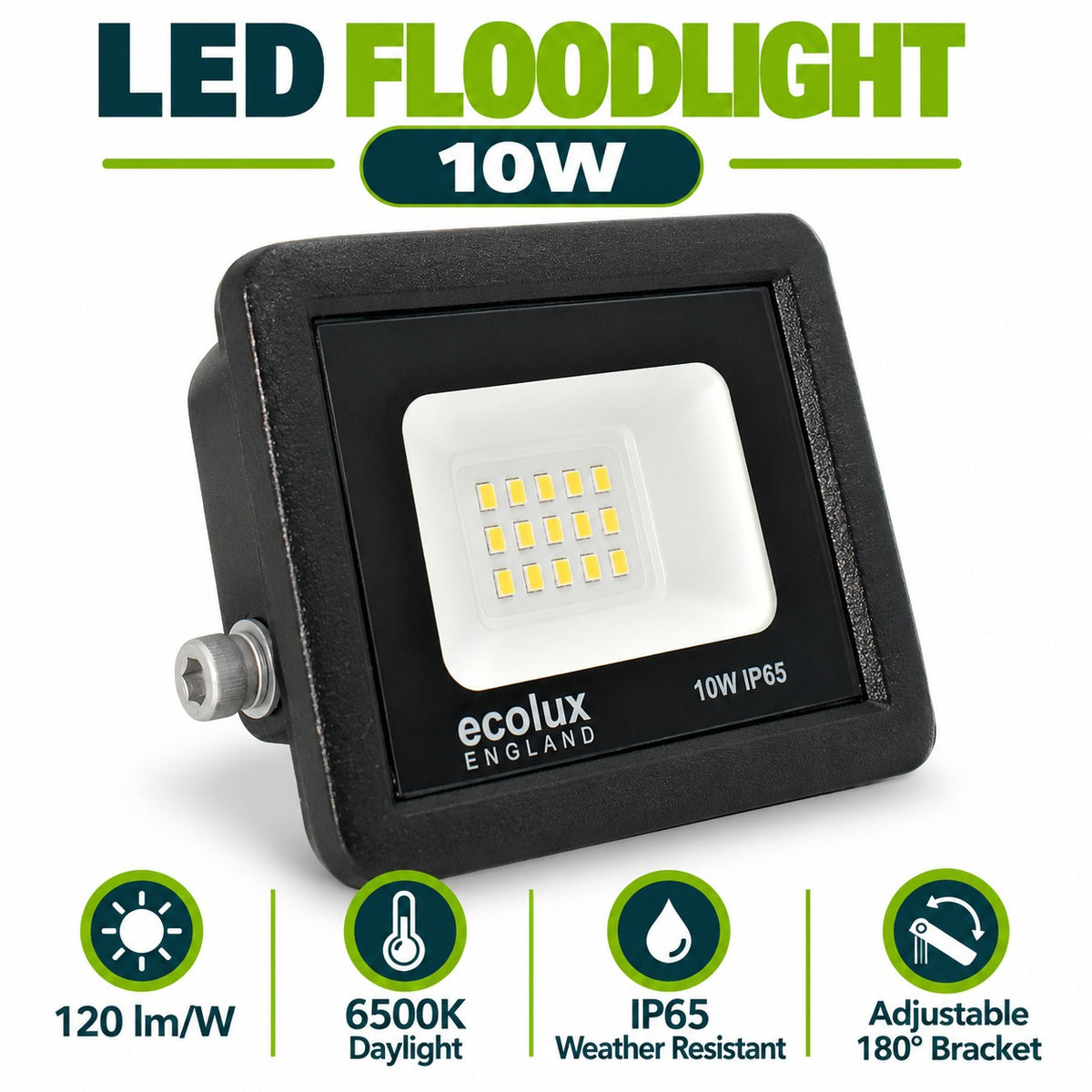 LED Floodlight 10W infographic – 120 lm per W, 6500K daylight, IP65 weather resistant, adjustable 180 degree bracket