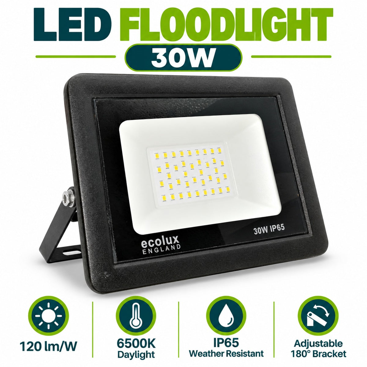 LED Floodlight 30W infographic – 120 lm per W, 6500K daylight, IP65 weather resistant, adjustable 180 degree bracket