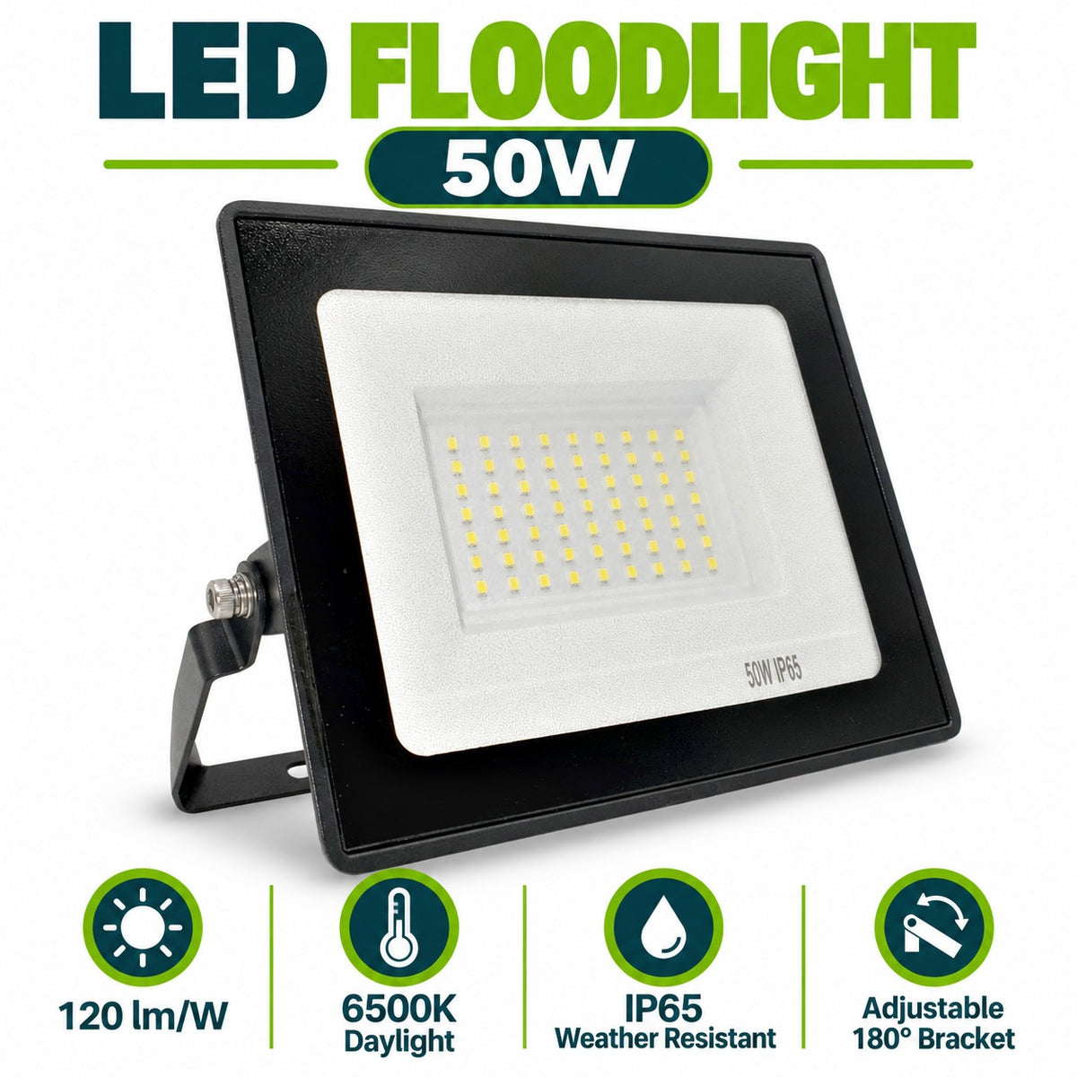 LED Floodlight 50W infographic – 120 lm per W, 6500K daylight, IP65 weather resistant, adjustable 180 degree bracket
