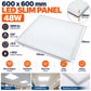 600 x 600mm LED Slim Panel 48W infographic – 4800 lumens, 100 lm per W, 120 degree beam, PF over 0.9, surge over 2KV, 10mm slim profile, aluminium frame, flicker-free driver, indoor IP20, 595 x 595mm