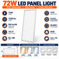 72W LED Panel Light 3CCT Selectable infographic – 7200 lumens, 100 lm per W, 3000K 4000K 6500K, 113.2 degree beam, CRI over 80, PF over 0.9, constant current driver, 50000+ hours, IP20, Iron plus PS, 1195 x 595 x 33mm, 5 year warranty