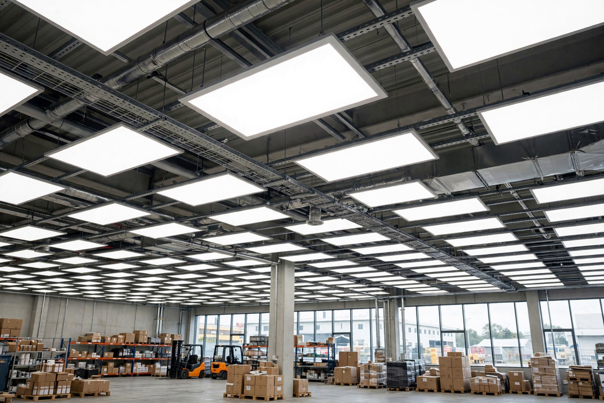 72W LED panels in warehouse ceiling