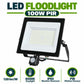 LED Floodlight 100W PIR infographic – 120 lm per W, 6500K daylight, IP65 weather resistant, PIR motion sensor