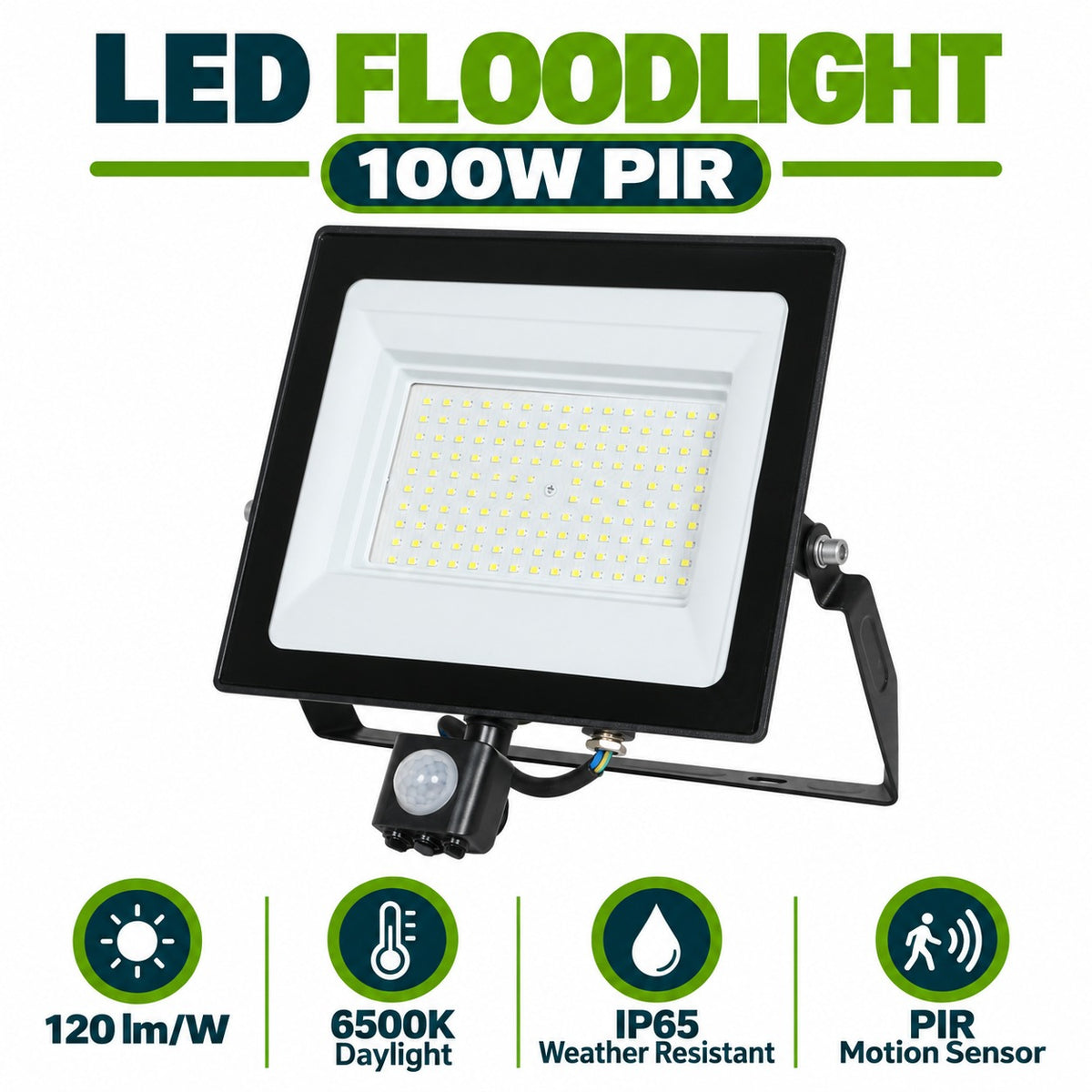 LED Floodlight 100W PIR infographic – 120 lm per W, 6500K daylight, IP65 weather resistant, PIR motion sensor