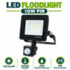 LED Floodlight 10W PIR infographic – 120 lm per W, 6500K daylight, IP65 weather resistant, PIR motion sensor