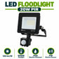 LED Floodlight 20W PIR infographic – 120 lm per W, 6500K daylight, IP65 weather resistant, PIR motion sensor