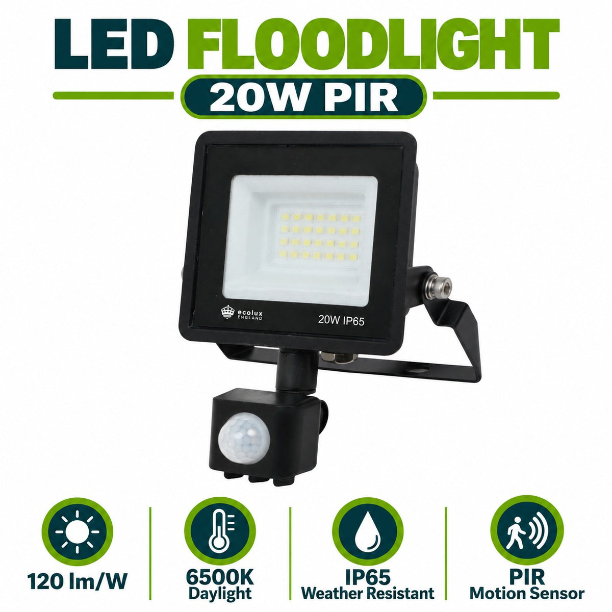 LED Floodlight 20W PIR infographic – 120 lm per W, 6500K daylight, IP65 weather resistant, PIR motion sensor