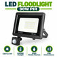 LED Floodlight 30W PIR infographic – 120 lm per W, 6500K daylight, IP65 weather resistant, PIR motion sensor