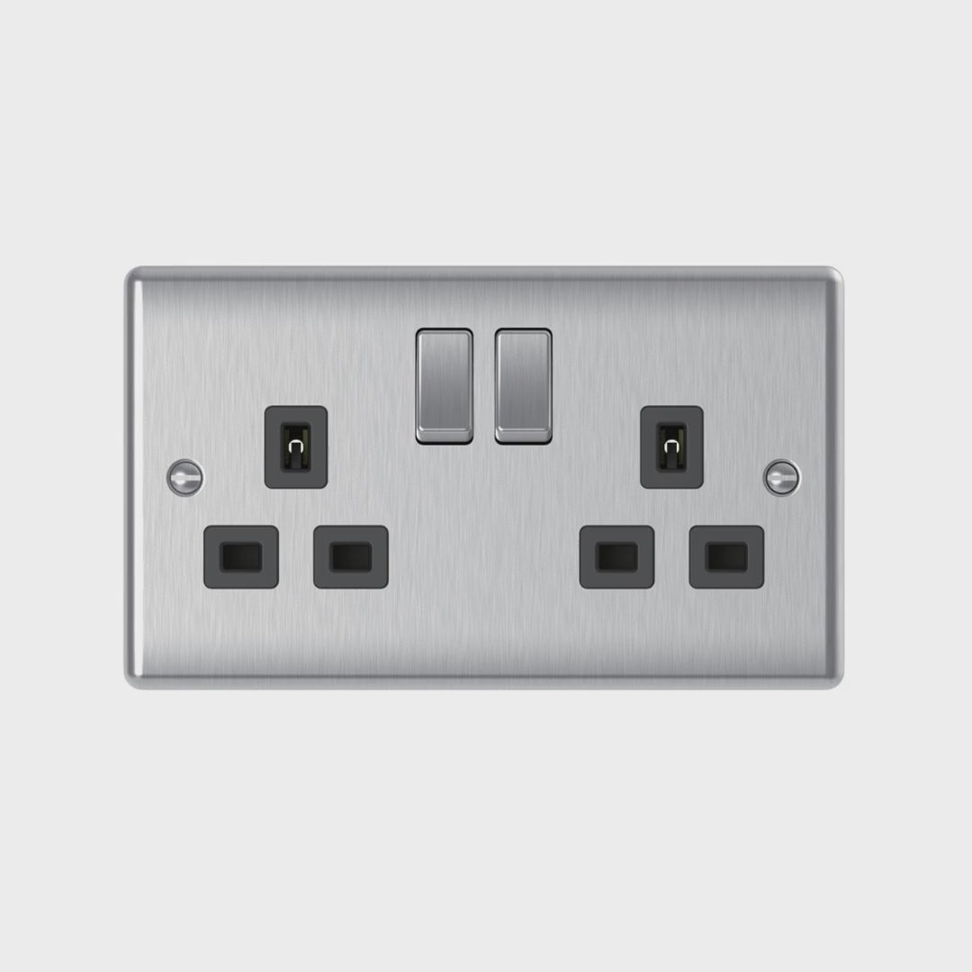 Brushed steel switched sockets demonstration video – rocker presses, product only