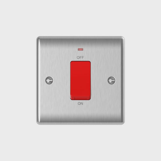 Brushed steel 45A switch with neon demonstration video – rocker press and neon glow, product only