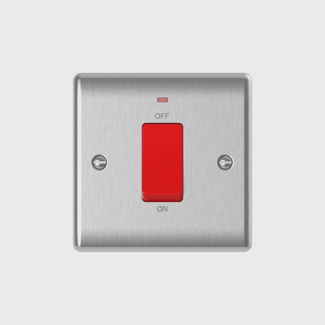 Brushed steel 45A switch with neon demonstration video – rocker press and neon glow, product only