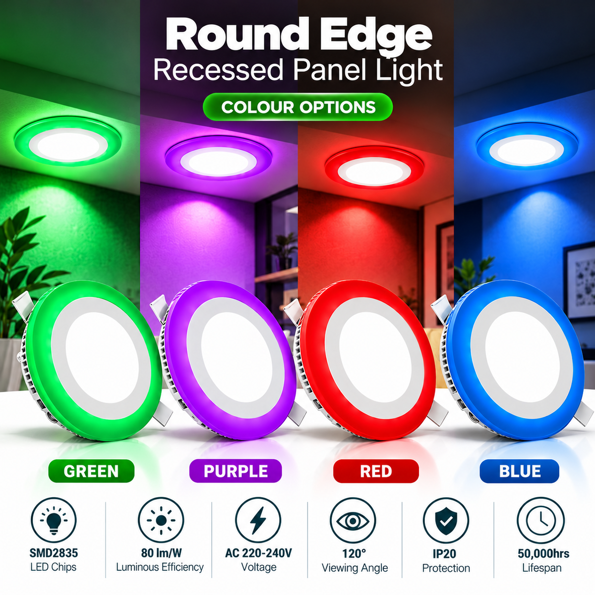 Round Edge Recessed LED Panel – 6500K + Colour Edge Glow (Green / Purple / Red / Blue), IP20