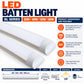 LED Batten Light BL Series infographic – 20W 40W 50W 60W, 600 1200 1500 1800mm lengths, 75mm width, 24mm height, 120 degree beam, metal housing with PC cover, Iron Aluminum, slim design, 5 year warranty