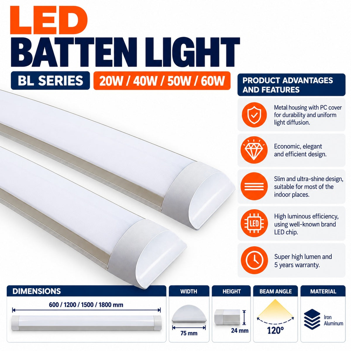 LED Batten Light BL Series infographic – 20W 40W 50W 60W, 600 1200 1500 1800mm lengths, 75mm width, 24mm height, 120 degree beam, metal housing with PC cover, Iron Aluminum, slim design, 5 year warranty