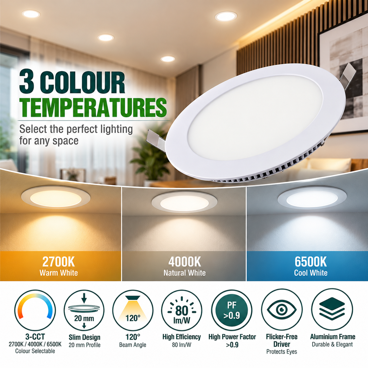 3CCT Round Recessed LED Panel – 3W/6W/9W/12W/18W, Selectable Colour Temperature
