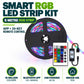 Smart RGB LED Strip Kit infographic – 5 metre RGB strip, app plus 24-key remote control, 16 million colours, Bluetooth app iOS Android, USB powered DC 5V, indoor use IP20