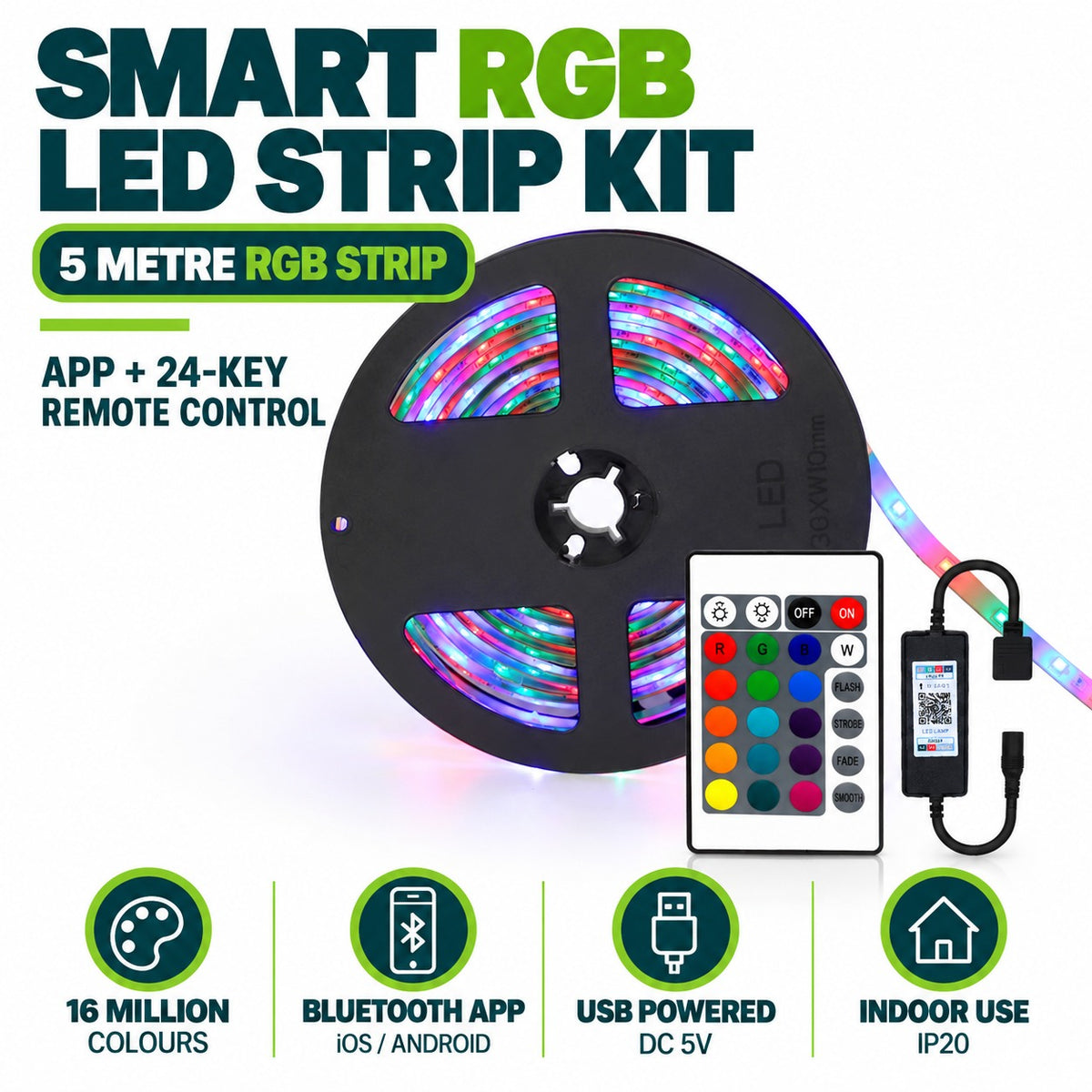 Smart RGB LED Strip Kit infographic – 5 metre RGB strip, app plus 24-key remote control, 16 million colours, Bluetooth app iOS Android, USB powered DC 5V, indoor use IP20