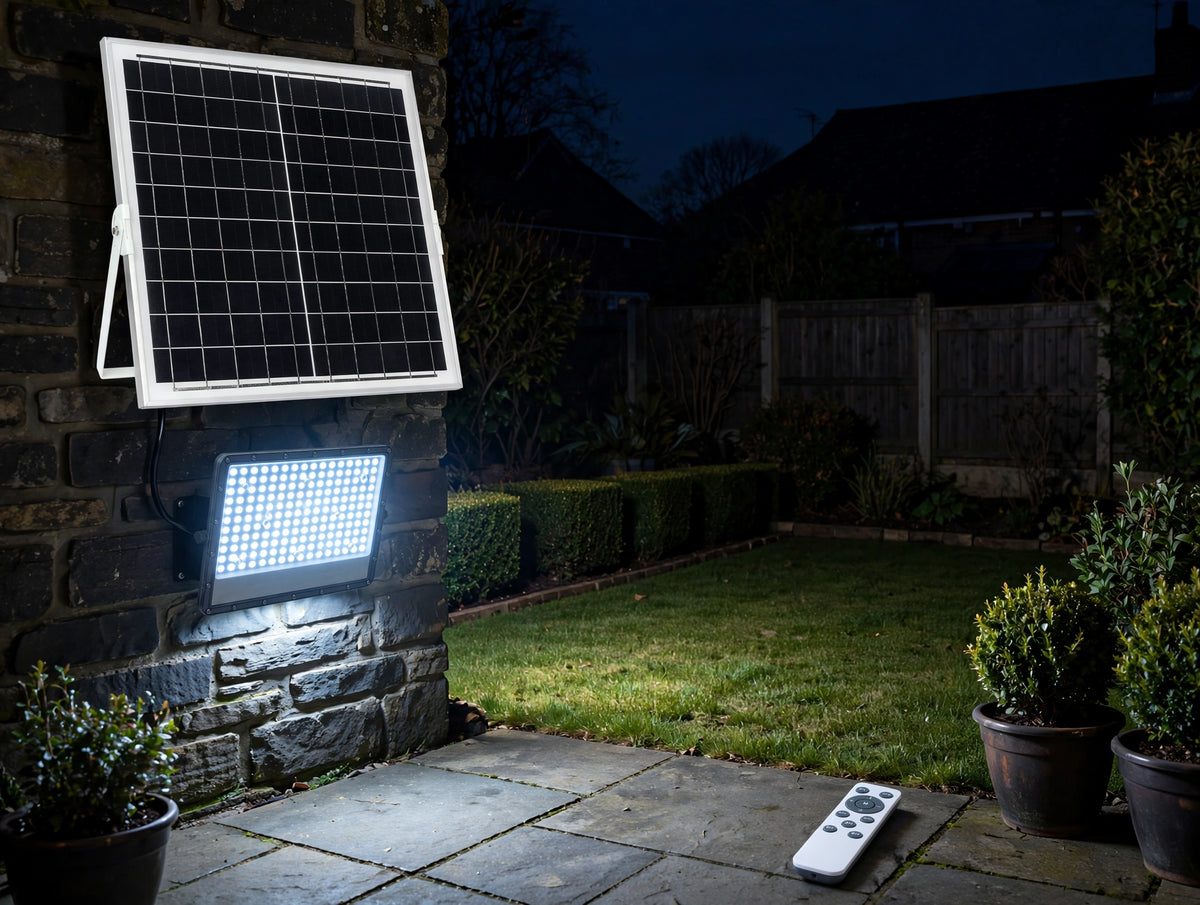 Solar LED floodlight lighting a garden at night