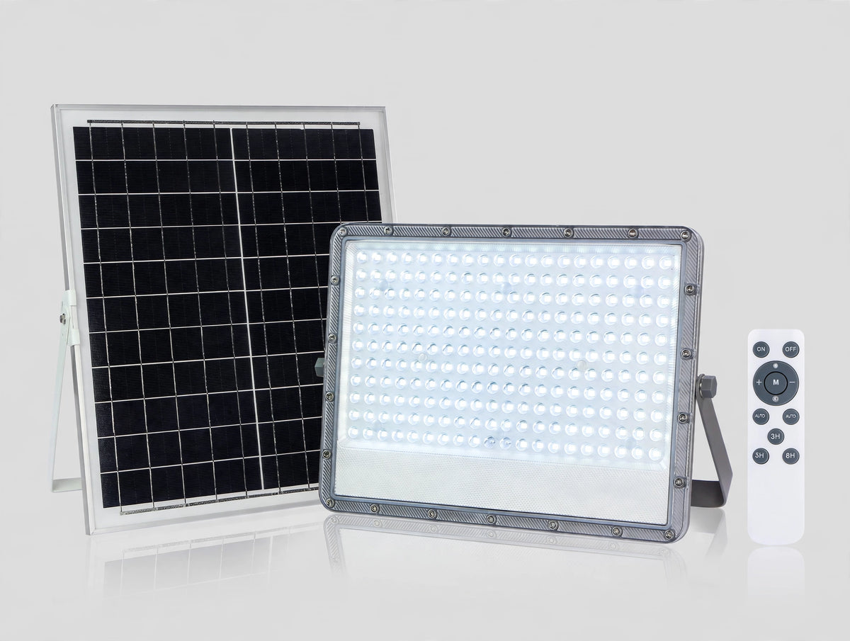 100W Solar LED Floodlight glowing bright white in studio