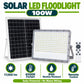 Solar LED Floodlight 100W infographic – 17000 lumens, 6500K daylight, IP65 weather resistant, remote control, solar powered no mains wiring