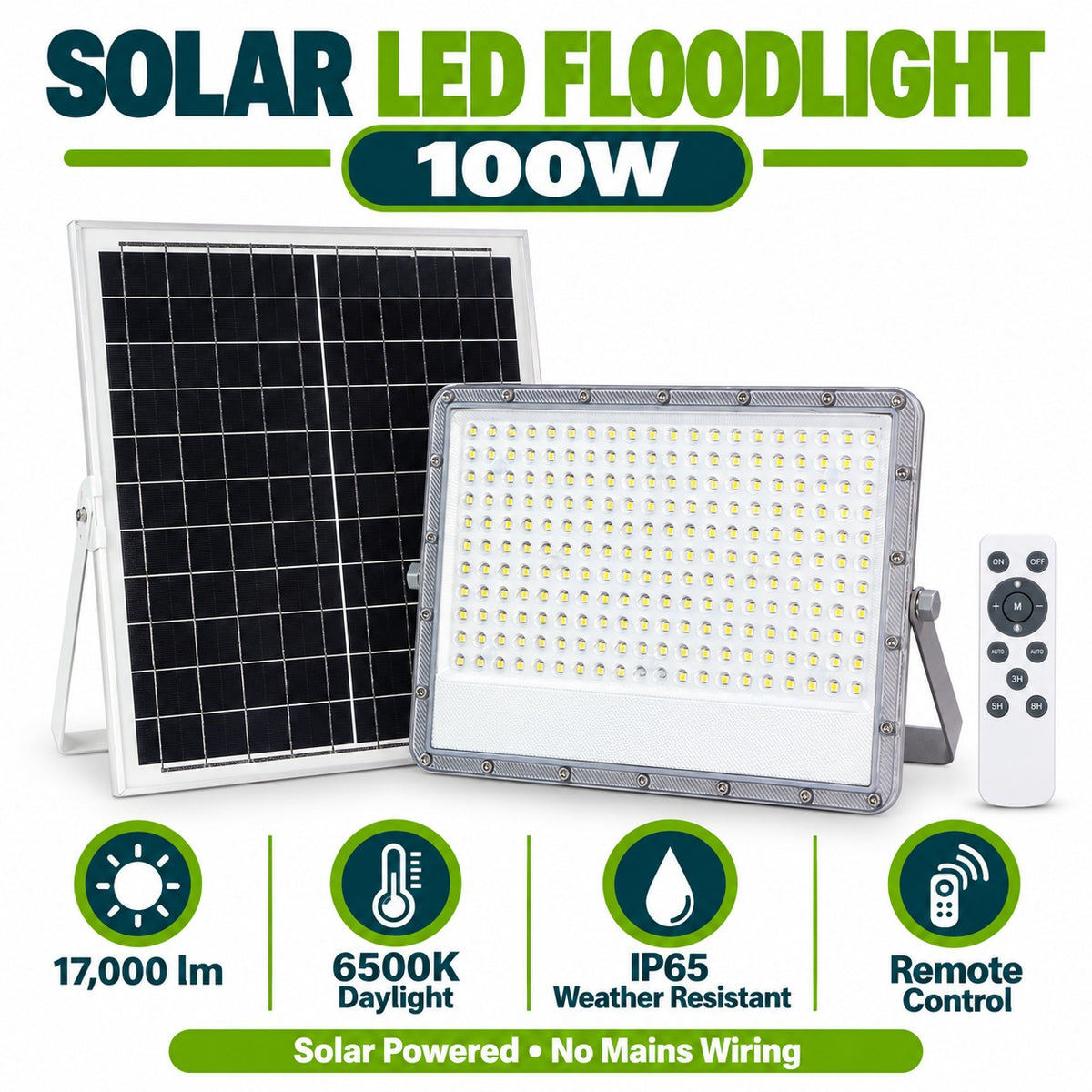Solar LED Floodlight 100W infographic – 17000 lumens, 6500K daylight, IP65 weather resistant, remote control, solar powered no mains wiring