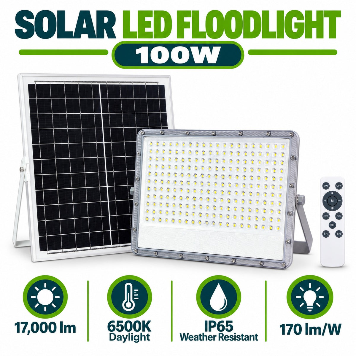 Solar LED Floodlight 100W infographic – 17000 lumens, 6500K daylight, IP65 weather resistant, 170 lm per W