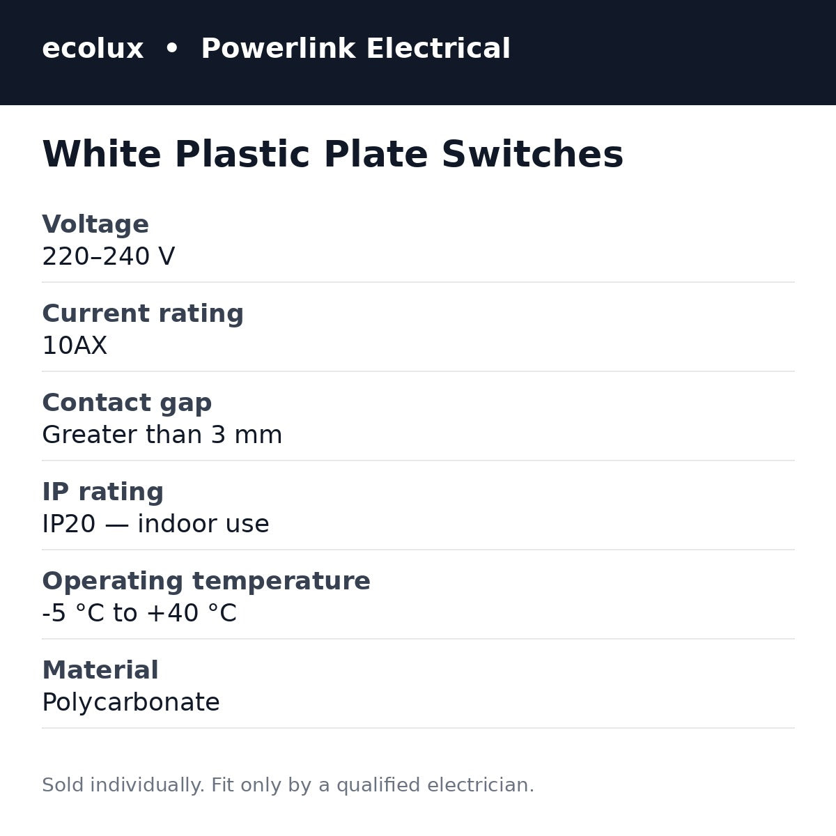 ecolux plate switch features and specification: 10AX, 220-240V, IP20, polycarbonate