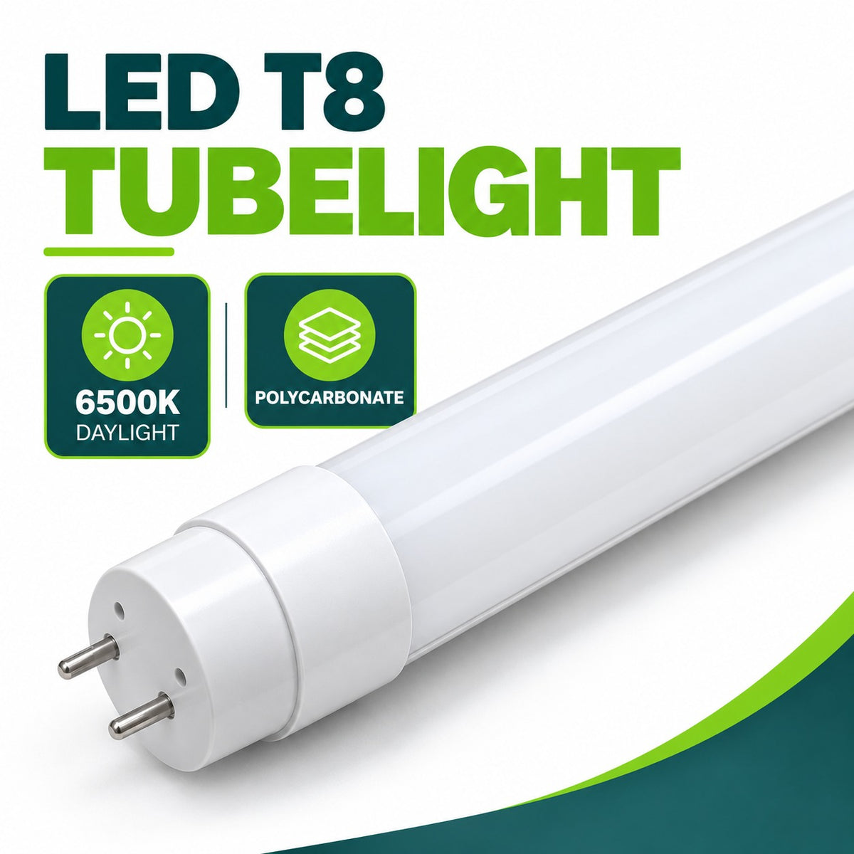 LED T8 Tubelight 6500K Daylight Polycarbonate – G13 pins, white tube